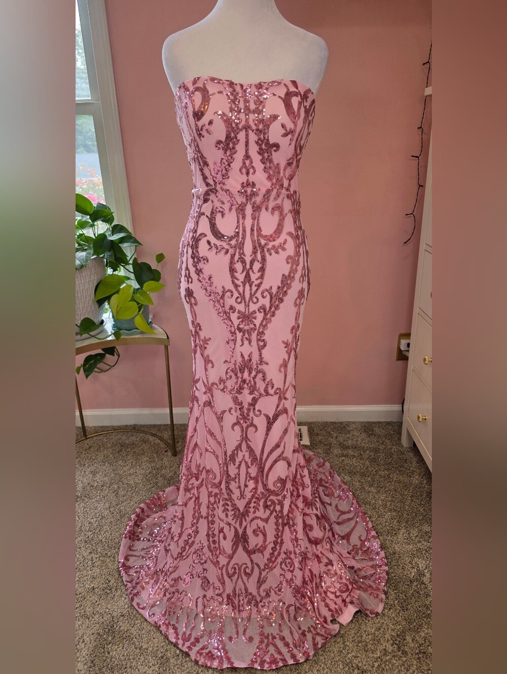 Miss Ord Pink Sequin Strapless Mermaid Gown Prom Pageant Dress M